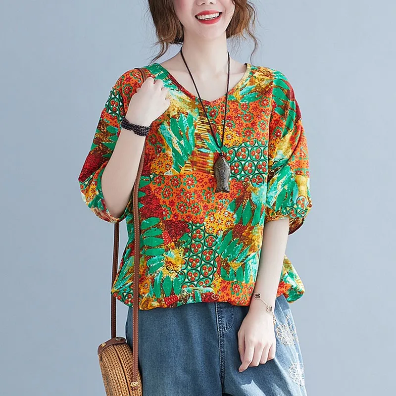

Women Summer Cotton Linen Casual T-shirts New 2021 Summer Vintage Style V-neck Print Loose Female Half Sleeve Tops Tees S3803