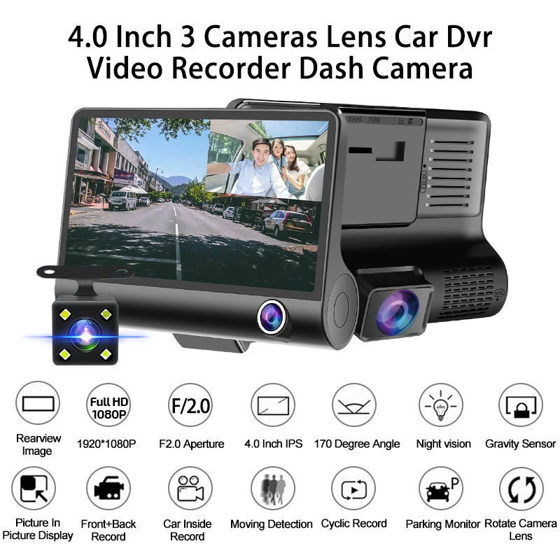 e ace 3 camera lens car dvr 4 0 inch video recorder dash cam auto registrator dual lens support rear view camera dvrs camcorder free global shipping