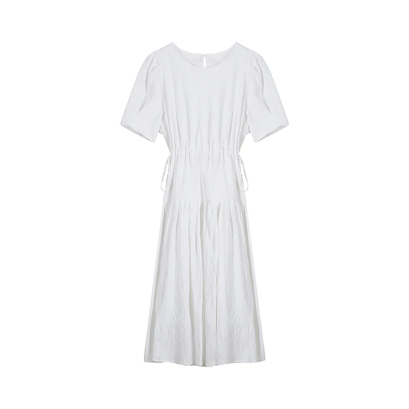 

Summer Short Sleeve O Neck Dress for Women Simple OL Style Solid Temperament Elegant Vestido De Mujer Slim Waist A Line Robe