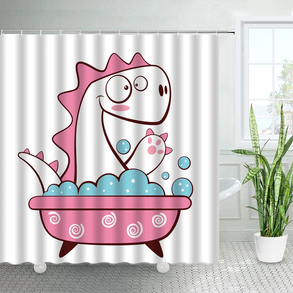 

Cartoon Pink Dinosaur Shower Curtains Cute Animal Simple Children Bathroom Decor Polyester Hooks White Backdrop Bath Curtain Set