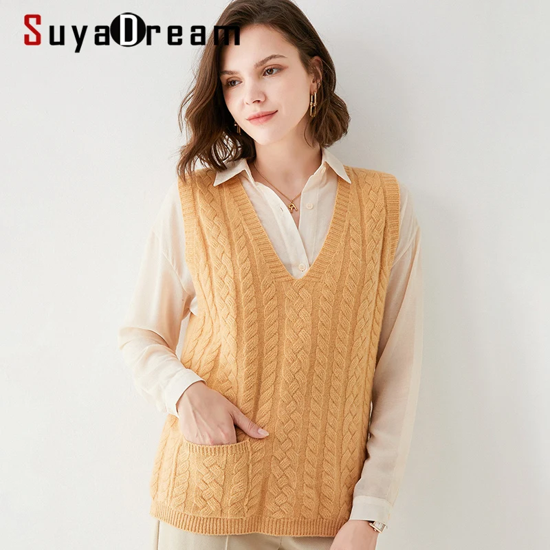 

SuyaDream Women Sweaters 100%Wool V neck Cables Vests 2021 Fall Winter Wool Sleeveless Pullovers for Woman Knitted Tanks Khaki