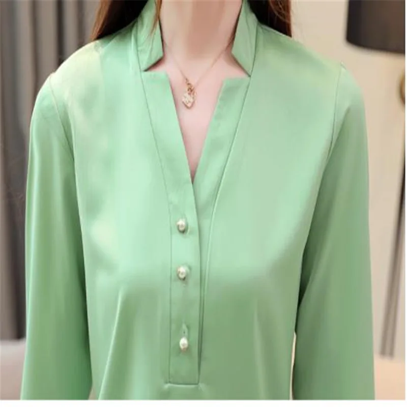 

Office Lady Chiffon Blouses Long Sleeve 2020 New Spring Women Shirt Shirt V-Neck Button Slim Basic Tops Femme Solid Color H382