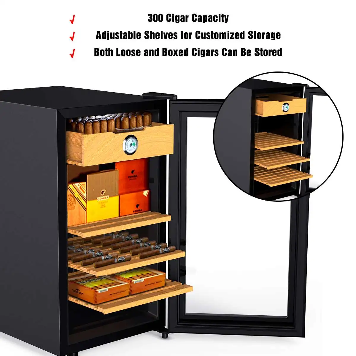 

48L Black Intelligent Electronic Cigar Wine Humidor Cigar Cooler Cabinet Spanish Cedar With LED Display 3 Wood Shelves Cabinet