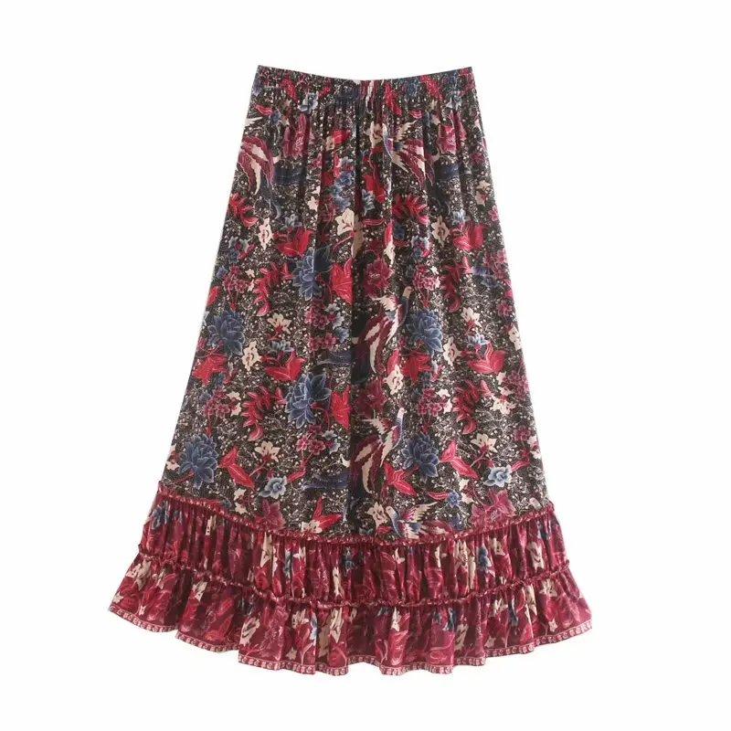Boho Chic, Женская пляжная плиссированная юбка хиппи с цветочным принтом и птицами, высокая эластичная талия, макси-юбка трапециевидной формы для женщин