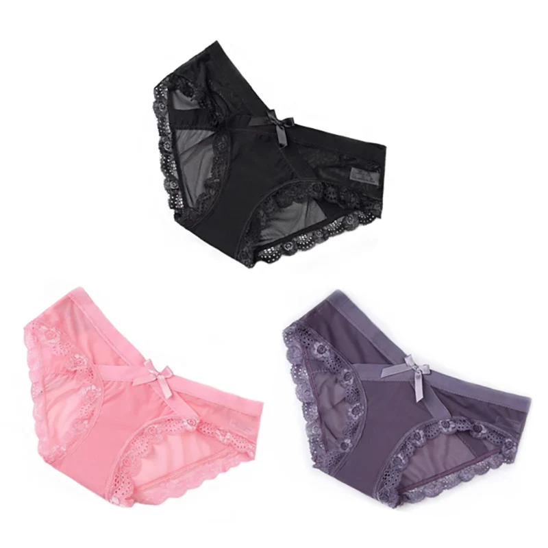 Pink Gray Black 3 шт./компл. сексуальные кружевные женские трусики хлопковые белье прозрачные сетчатые трусы для девушек Красота лук с низкой посадкой, мужское нежнее бельё - Цвет: Pink Gray Black