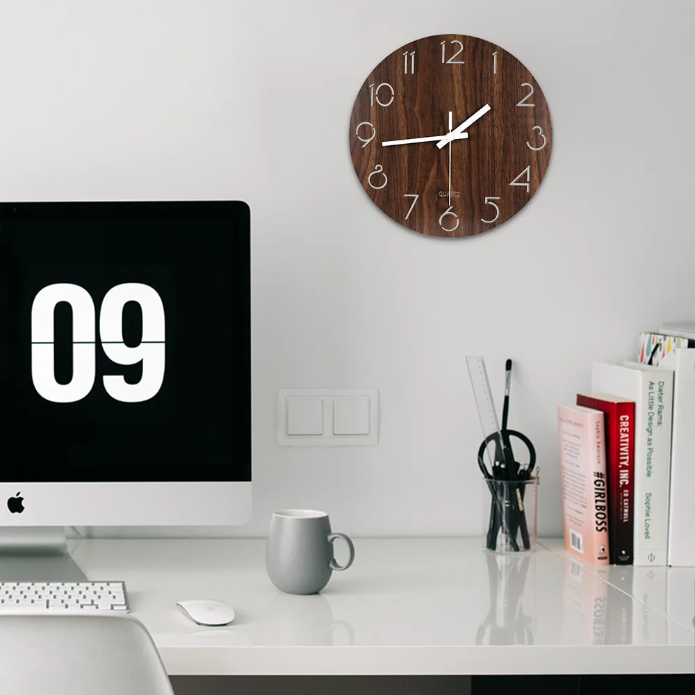 House Non-Toxic 12 Inch Wooden Wall Clock Mute Hanging For Living Room Kitchen Bedroom Coffee | Дом и сад
