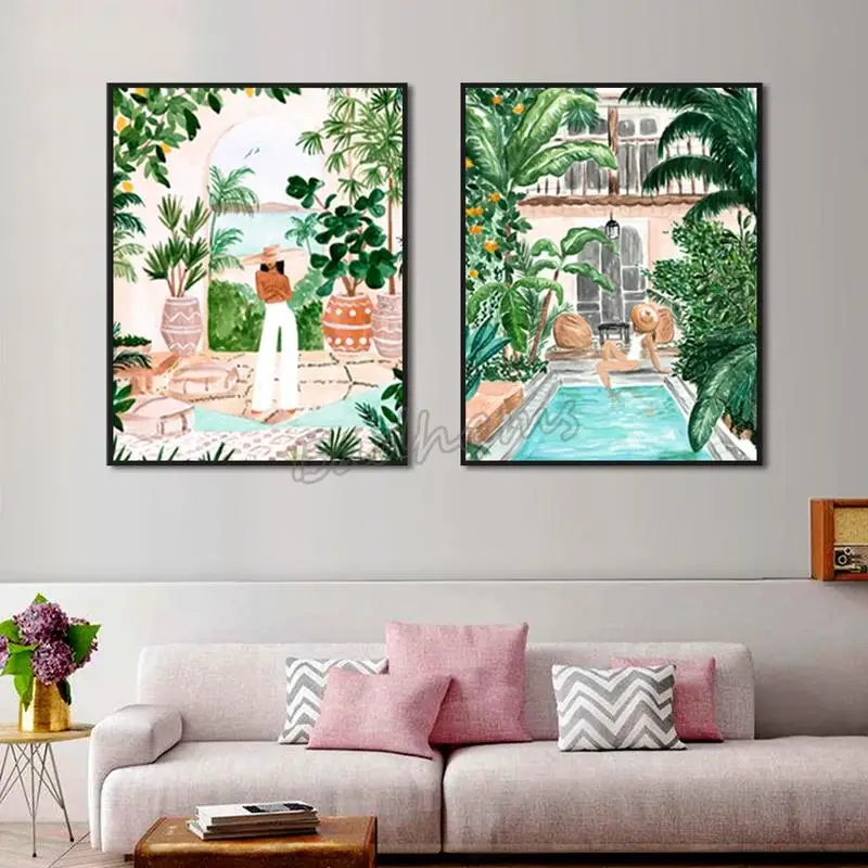 

Room Decoration Canvas Painting Pool Party Girl Poster Nordic Style Frameless Waterproof Ink Painting Modern Home Wall Art