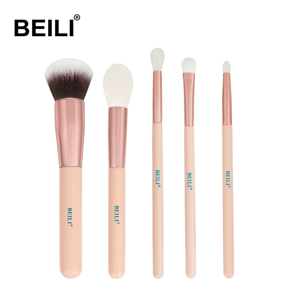 BEILI 5 шт. розовое золото кисти для макияжа матовая розовая ручка козья шерсть синтетические волосы для выделения теней для глаз Пудра розовый набор кистей для макияжа