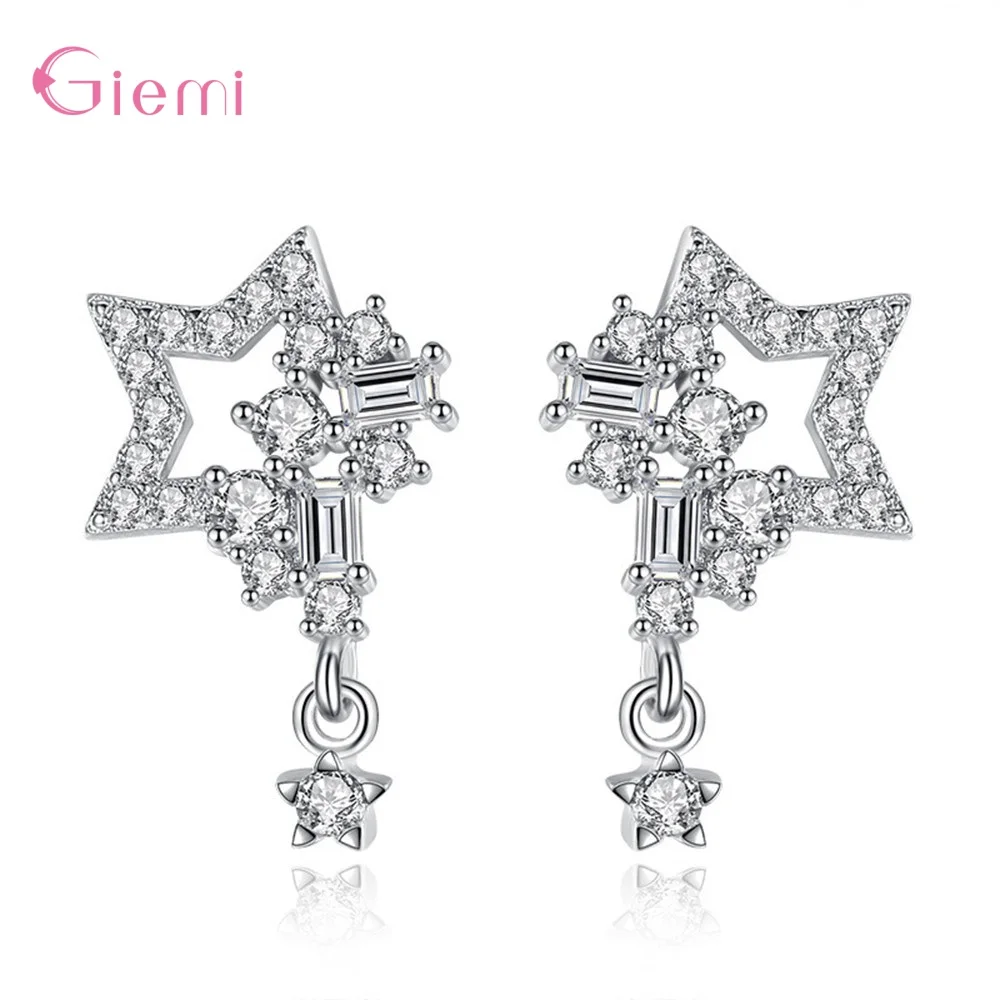 

Stylish 925 Sterling Silver Fashion Jewelry Sparkling Crystal Paved Hollow Stars Stud Earrings For Women Girl Wife Gift Hot Sale