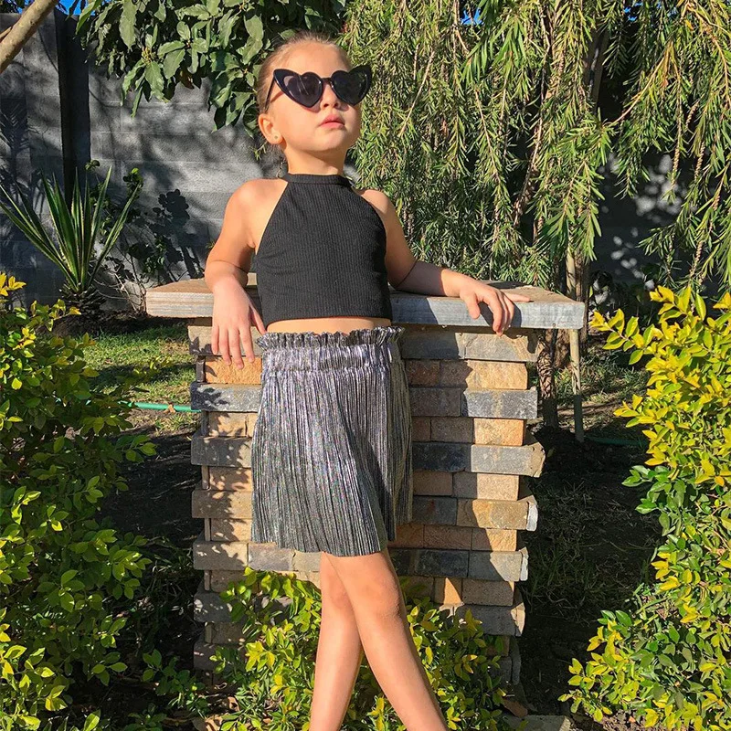 

2021 summer new girls hanging neck crop top + lace pleated skirt suit girls clothes girls clothing