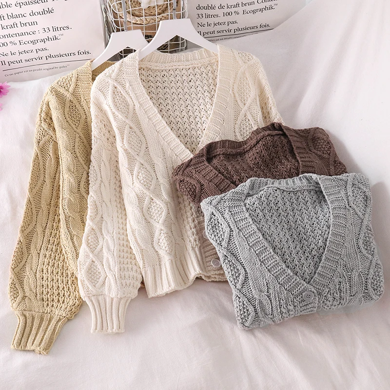 

Women Sweaters Winter Cardigans Knitting Rhombus Horn Buckle Thick Loose All-match Students Autumn Korean Style Oversize