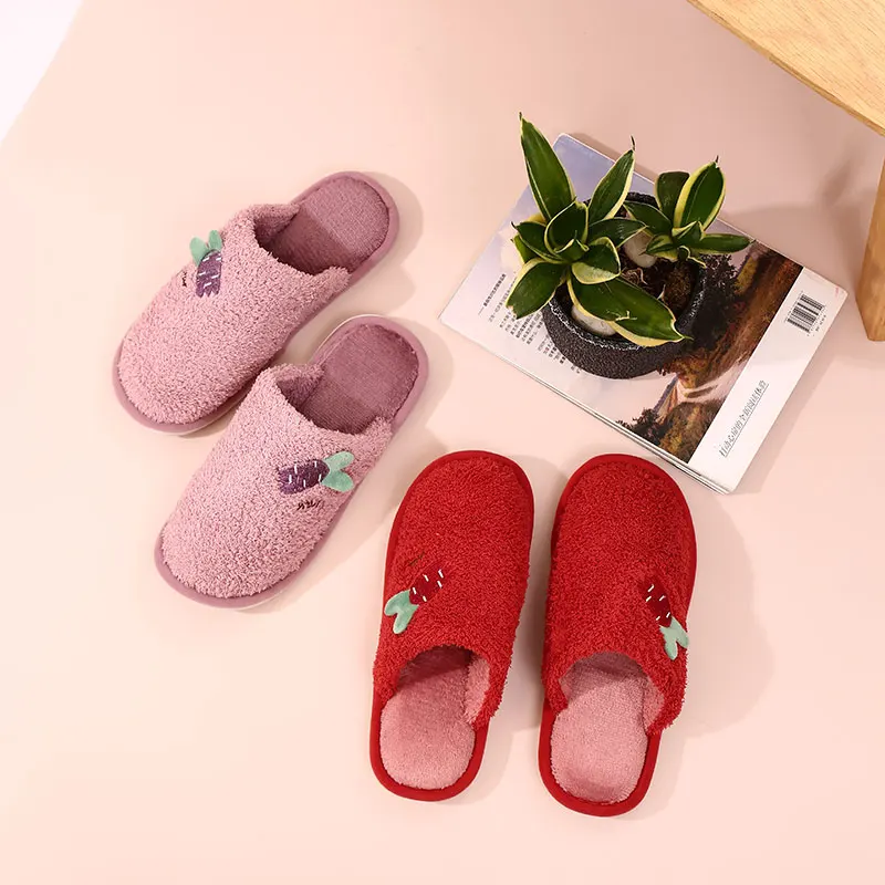 

XEJ Winter Women Slippers for Home Women's Sabot Shoes Indoor Slippers Flat Shoes Stuffed Woman Slippers Fruit Embroidery House