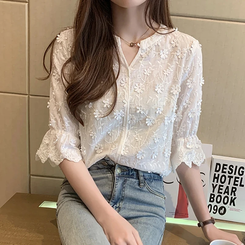 Vetement Femme Lace Blouse womens tops and blouses blusas mujer de moda 2018 Hollow Out Flowers Cotton Korean White Shirt 5XL | Женская