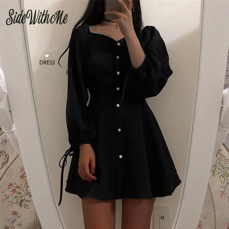 Корейское женское мини платье милое однобортное с квадратным воротником и