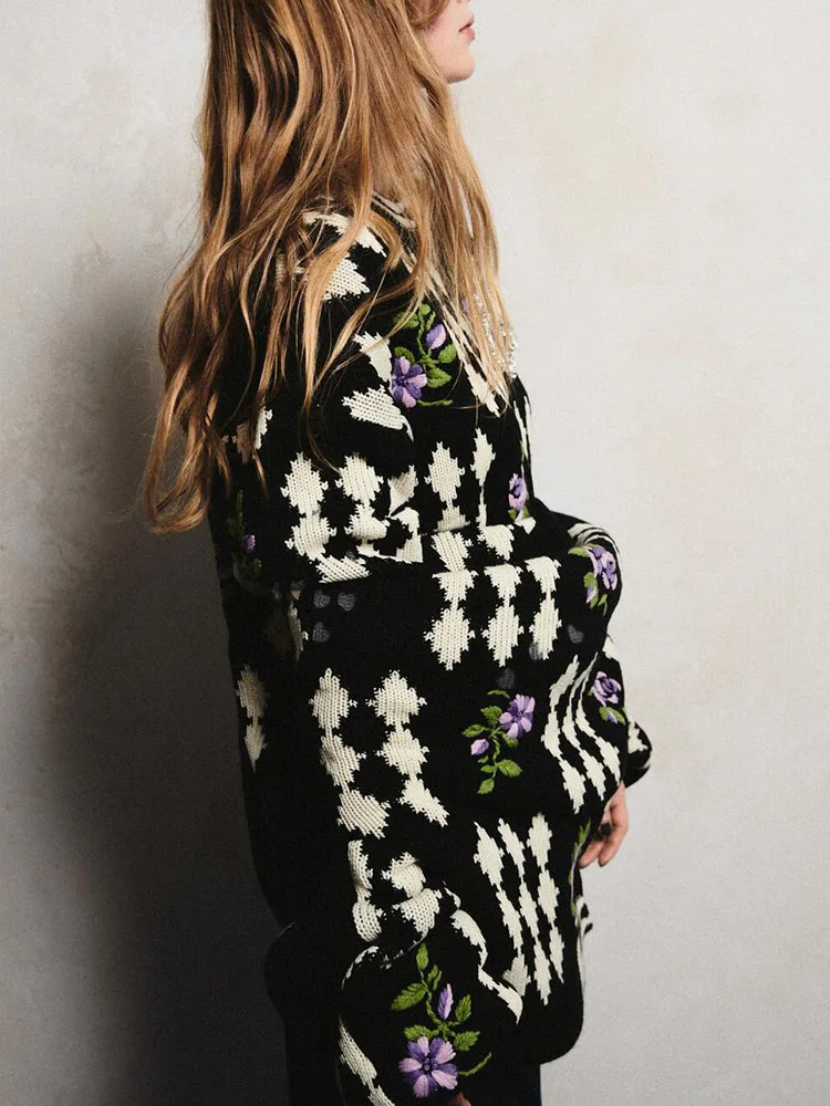 Женский жаккардовый свитер ZA трикотажный пуловер с круглым вырезом и цветочной