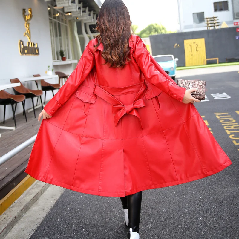 Женская Длинная кожаная куртка с поясом из ПУ кожи | одежда