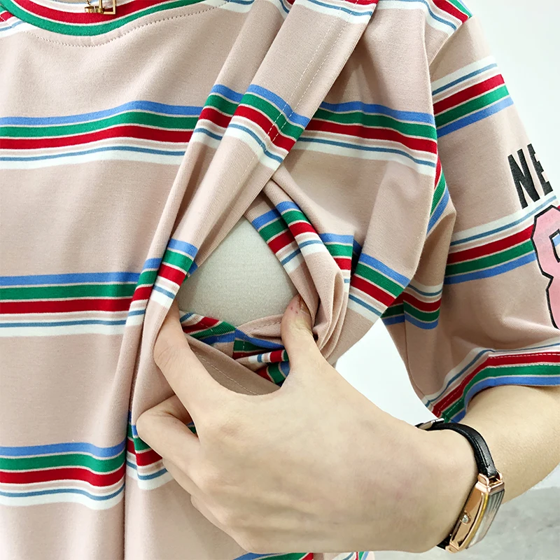 Полосатое платье для кормления Одежда беременных до середины икры летние