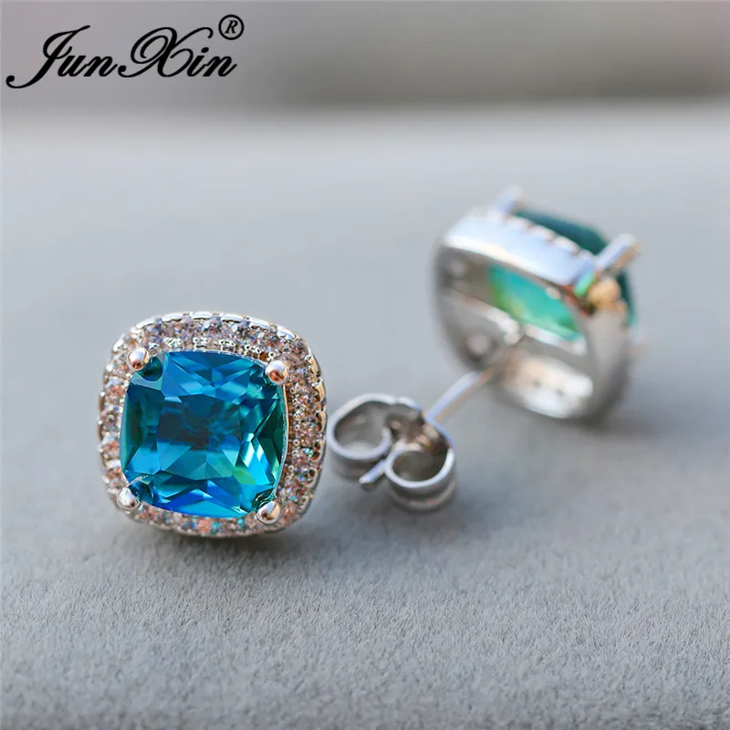 Geometric Square Stud Earrings White Gold Rose Colorful Rainbow Fire Crystal Blue Green Zircon Wedding For Women | Украшения и
