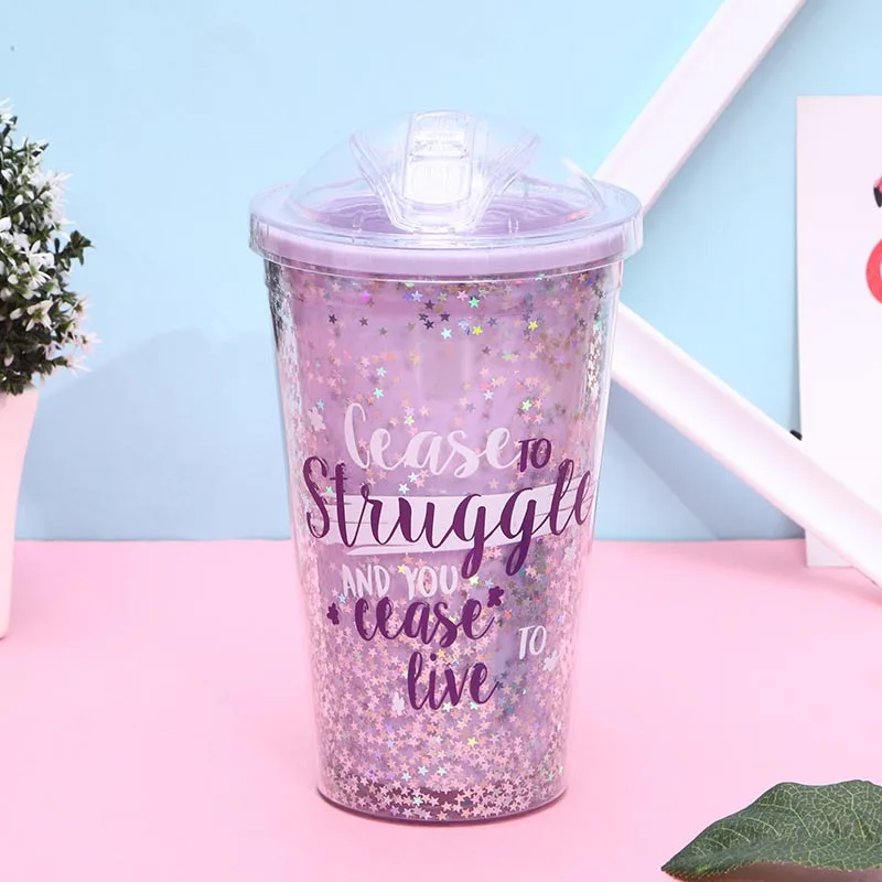 Purple Star Cup Конфетный Цвет 420 мл бутылка для воды для девочек Милая звезда блесток двойные розовые бутылки с соломинками - Цвет: Purple Star Cup