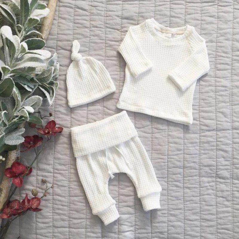 3pcs Infant Newborn Baby Cute Clothes Sets Girls Boys Autumn Warm Harem Pants Waffle Ribbed Solid Unisex Bodysuits+elastic Pants images - 6