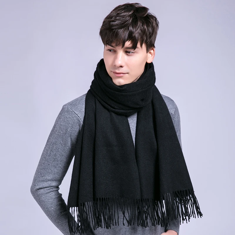 Man's Winter 100% Wool Scarf Cashmere Luxury Wool Thicken Solid Warm Shawls and Wraps for Men Pashmina Muffler Pure Wool Scarves