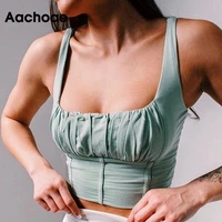 aachoae summer 2021 sexy tank top women chic sleeveless backless beach tops solid color square collar club wear crop top