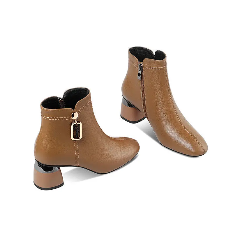

Split Cowhide Leather Women Short Boots,Autumn/Winter Shoes,Square Toe,Thick Heel,Metal Buckle,Female Footware,Black,BROWN