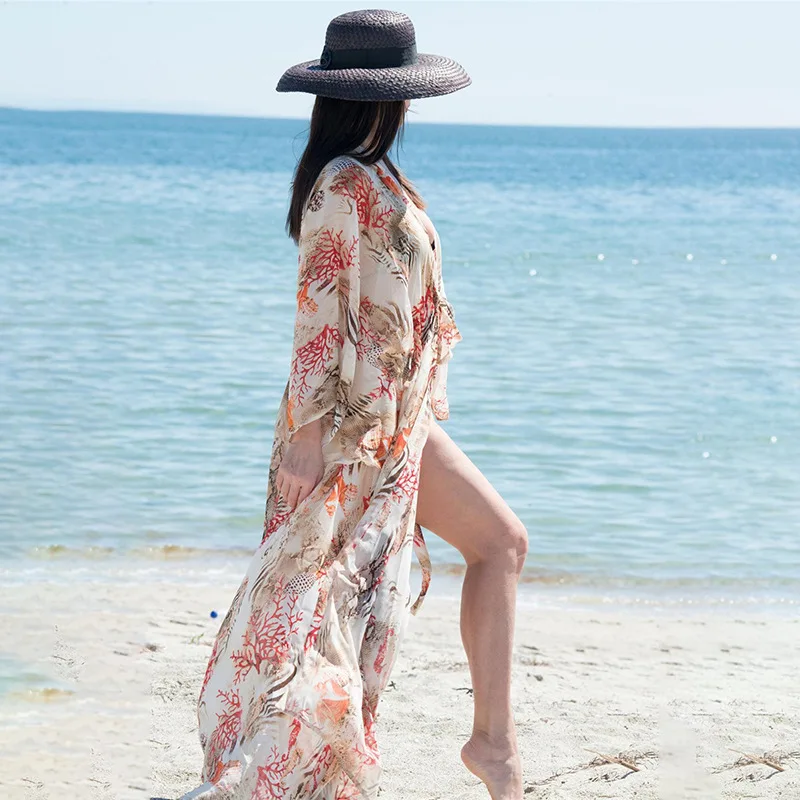 

Covered Women Summer Beach Fashion Swim Dress Pareo Verano Beachwear Cover Up New 2021 Print Chiffon Coral Use Cardigan Bikini
