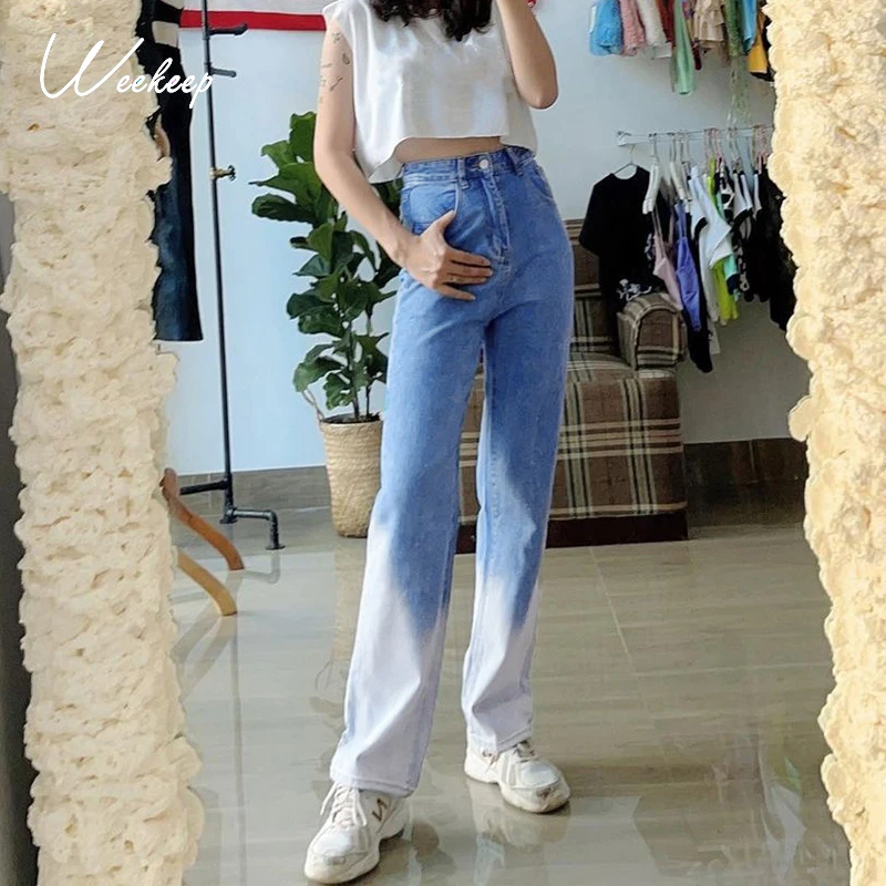 

Weekeep Vintage Tie Dye Straight Jeans Women High Waist Baggy Denim Long Pants Summer Retro 90S Harajuku Fashion Street Trousers