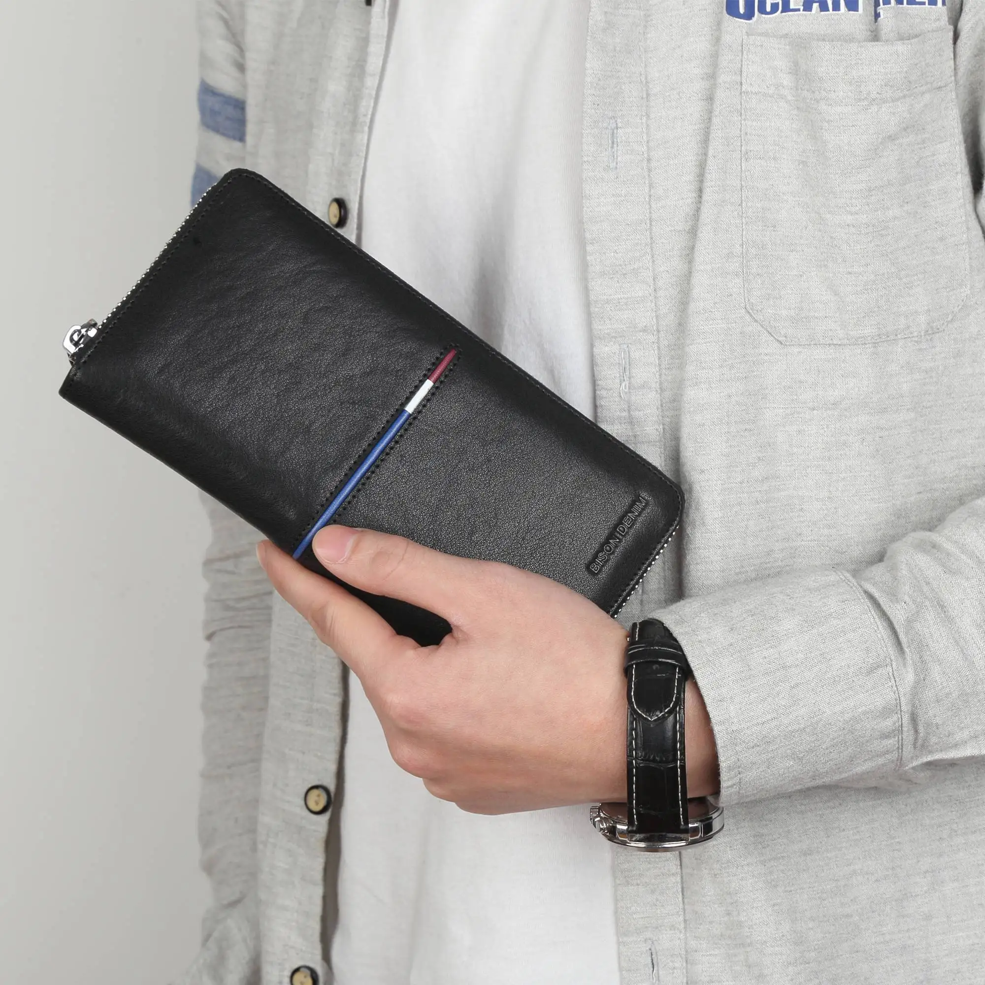 BISON DENIM, Длинный кошелек из натуральной кожи на молнии, вместительный мужской кошелек для телефона, роскошный брендовый клатч, модный кошелек N8150