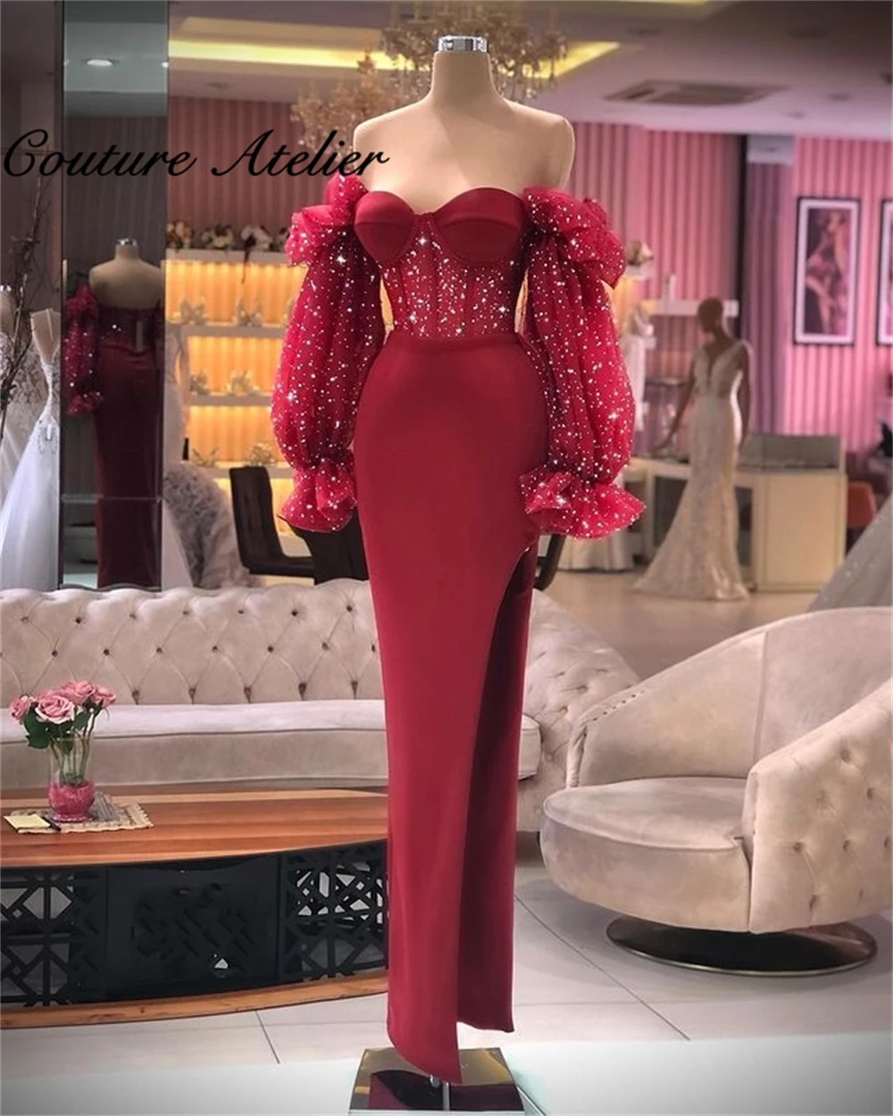 

Burgundy Mermaid Evening Gowns For Women Elegant Formal Dresses Party Dress Beaded Dinner Gownsrobe de soirée de mariage