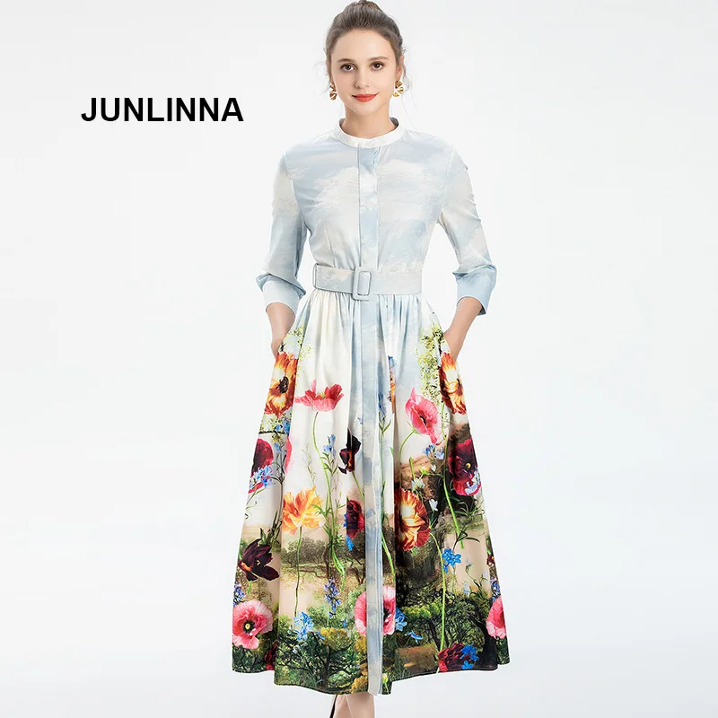 

Early Autumn Women's Expansion Vestidos Cotton Blending Floral Printing Dress Stand Collar 3/4 Sleeve with Sashes Sliming Dress