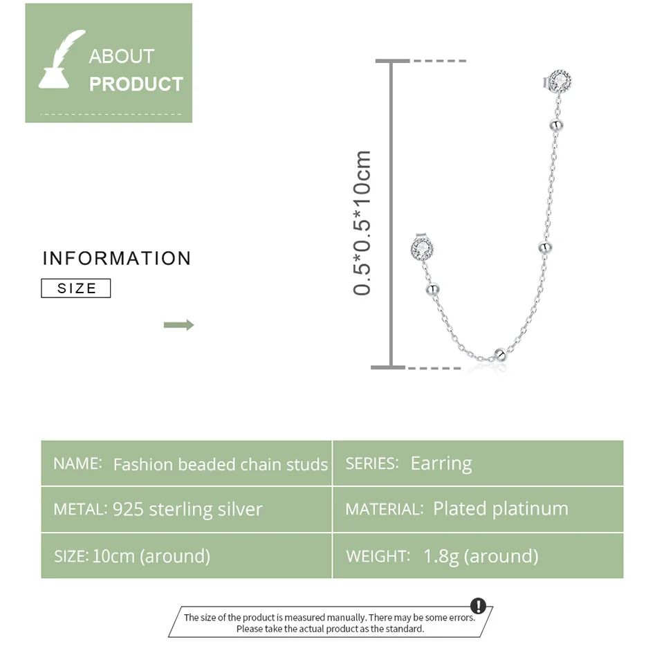 

Bisaer Authentic 925 Sterling Silver Fashion Beaded Chain Stud Earrings for Women Silver Ear Jewelry Earring ECE1107