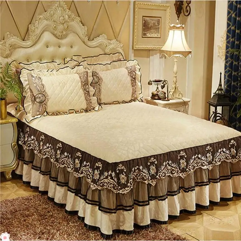 36 3pcs thick lace bedspreads Euro style velvet skirted bed sheet and pillowcases set quality cover | Дом и сад