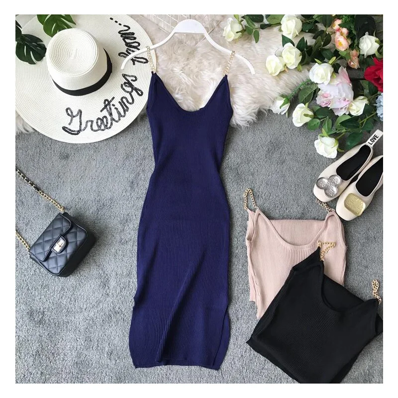 2020 new fashion women's dresses Spring Summer temperament slim strap knit dress XX119 | Женская одежда