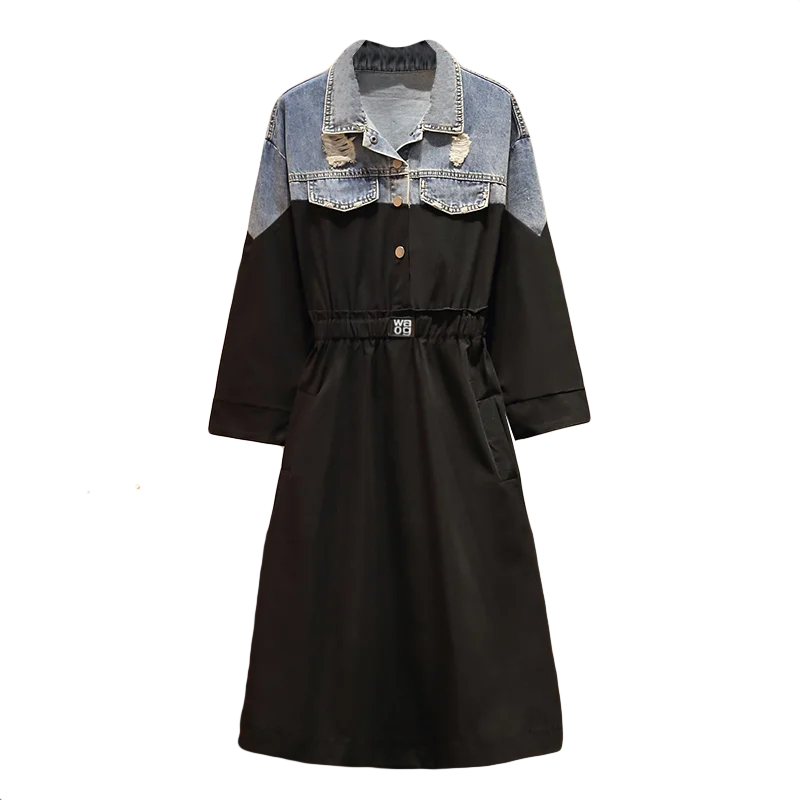 4XL Осенняя Новая модная длинная джинсовая куртка ветровка с дырками|Женские