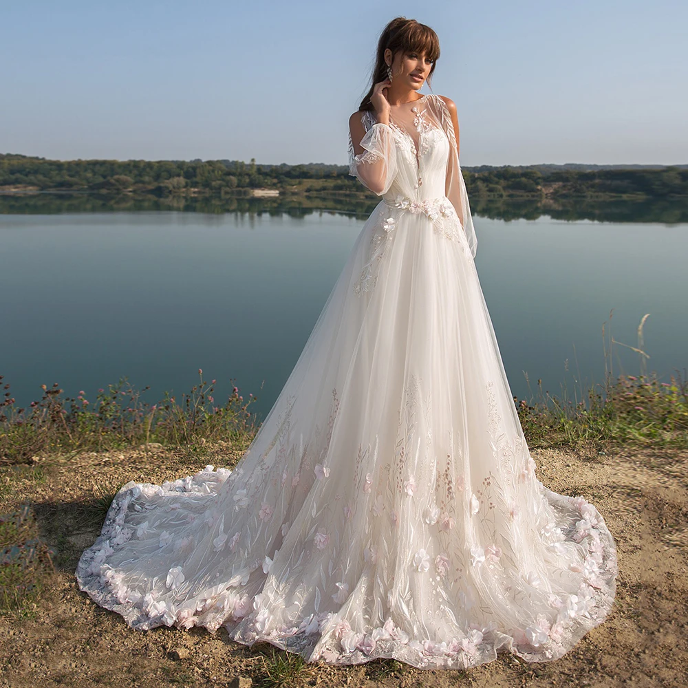 Женское свадебное платье It's yiiya белое кружевное ТРАПЕЦИЕВИДНОЕ из тюля со