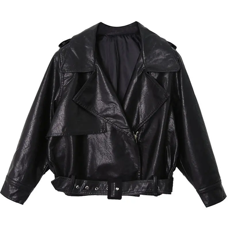 

2020 Spring Autumn New Women Korean Loose Turndown Collar Motorcycle Pu Leather Jacket High Waist Slim Short Coat Female Y618
