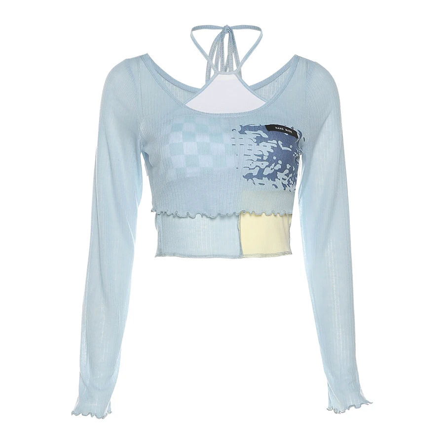 

Sylcue Autumu halter lacing small camisole match one word shoulder long sleeve jumper crop top women sweet two piece set women