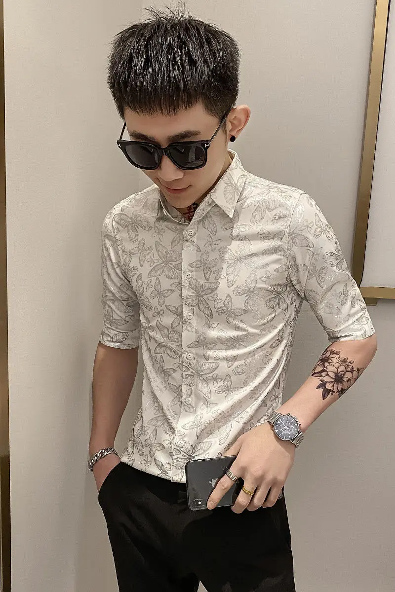 

2021 Men's Shirt Medium Sleeve Flowers Printing College Cotton The New Listing Fashion Couples Breathable The Office Black
