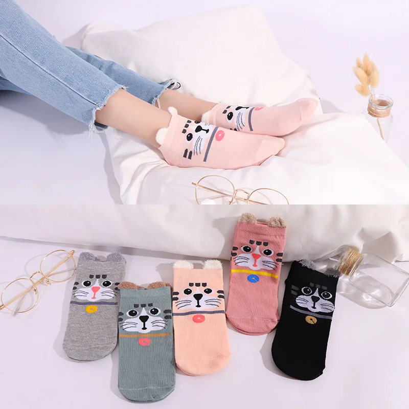 5 Pairs Lot Cotton Women Socks Female Casual Boat 3D Pack Cartoon Harajuku Unicron Cat Cute Invisiable Funny Girl Ankle Sock Set images - 6