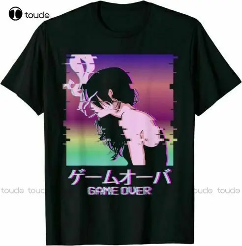 

New Japanese Vaporwave Sad Anime Girl Game Over T-Shirt Tee Cotton Trend 2021 T Shirt Dress Women