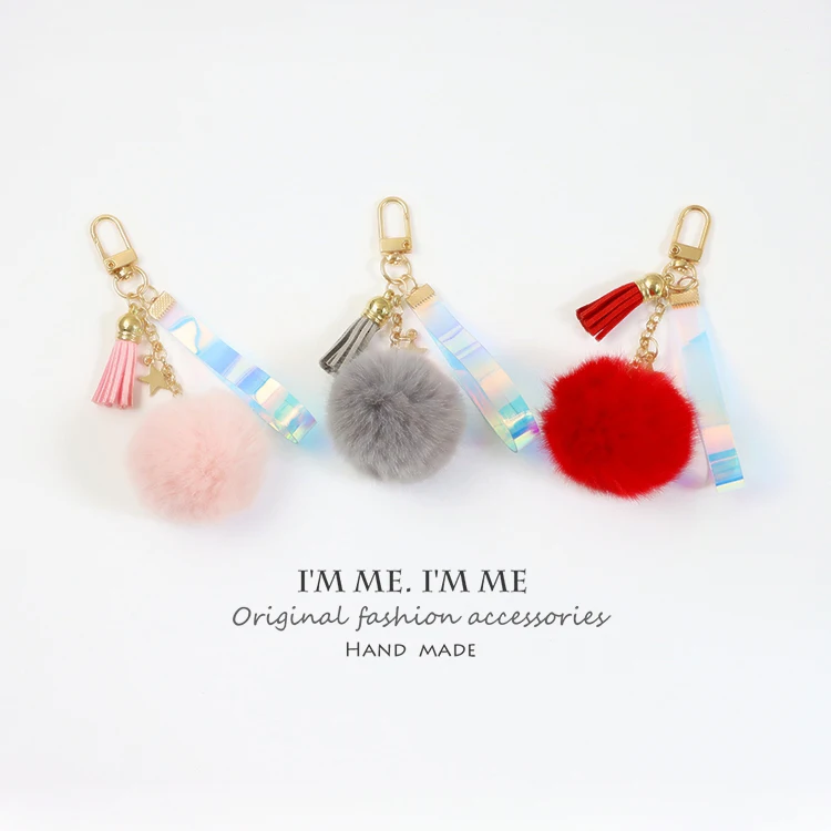 2022 Cute Faux Fluffy Fur Ball Tassel  Fur Pompom Crystal Keychain Key Chain Airpods Accessories For Women F665