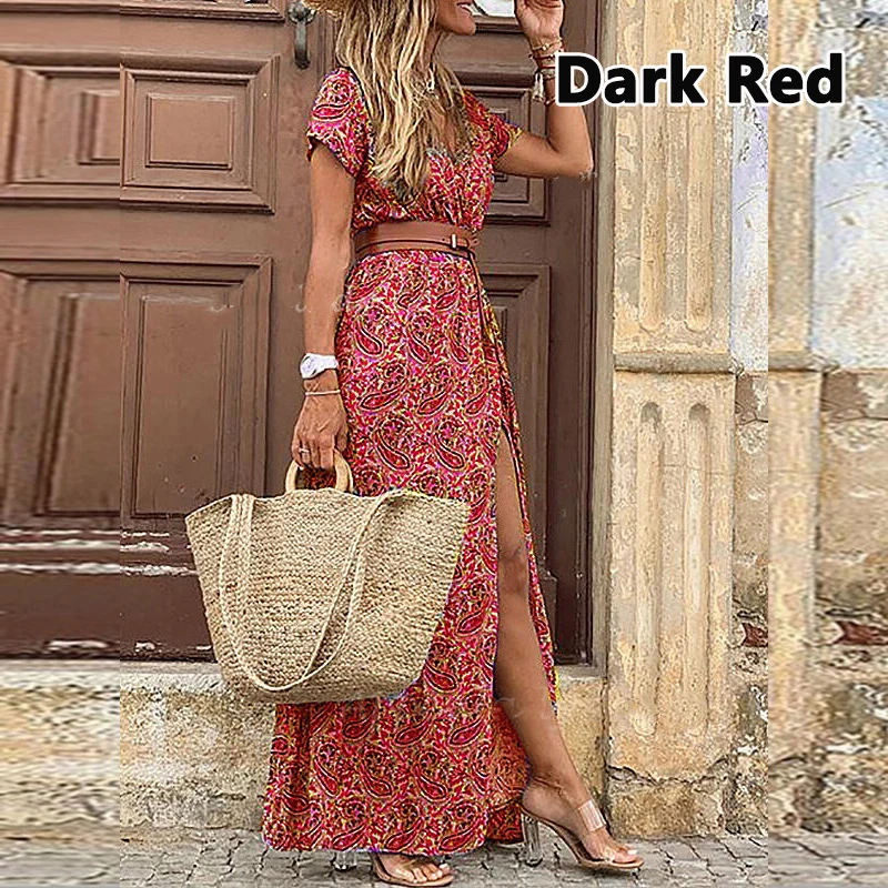 

Summer Boho Long Dress Women Vintage Paisley Print V-Neck Beach Style Maxi Dress Elegant Short Sleeve Belted Split Dress Robe