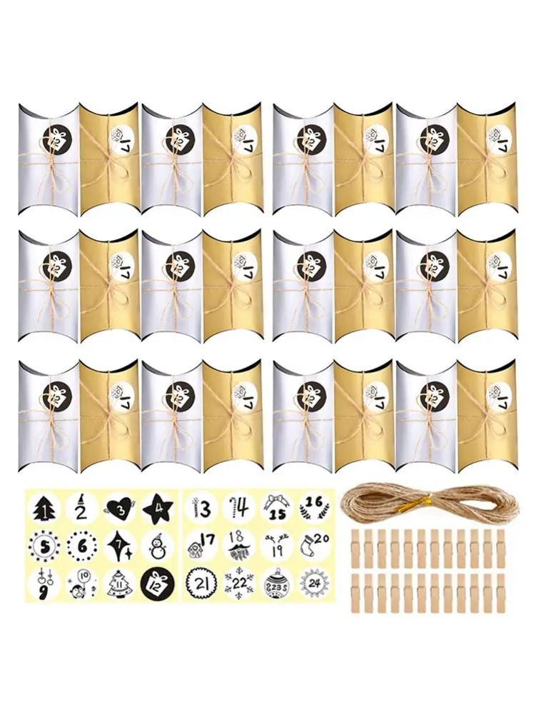 

Christmas Countdown Calendar Box Gold And Silver Kraft Paper Pillow Box Creative DIY Candy Box Baking Packaging Box 24 Sets