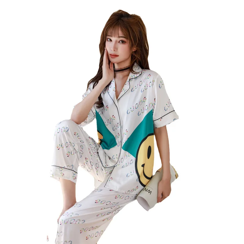 Повседневная Пижама с принтом женская одежда для отдыха атласная сна комплект из