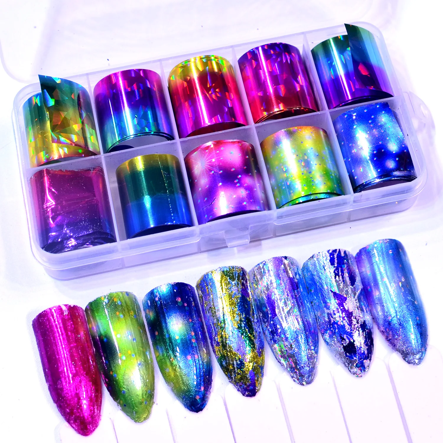 

WUF 10 Rolls/Box Holographic Nail Foils Nails Wraps Multi-pattern Colorful Transfer Sticker Decals Tips Nail Art Decorations