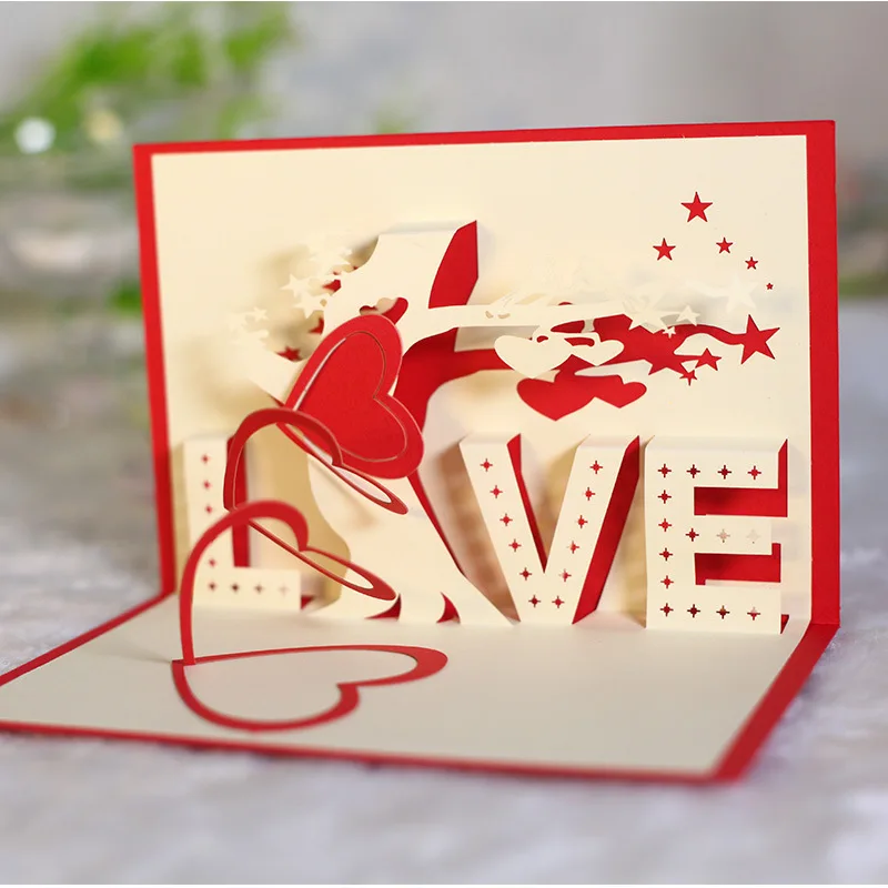 

1pcs 3D Pop Up Wedding Invitation With Red Envelop Hollow Out Flower And Heart Wedding Cards For Marriage Engagement Supplies