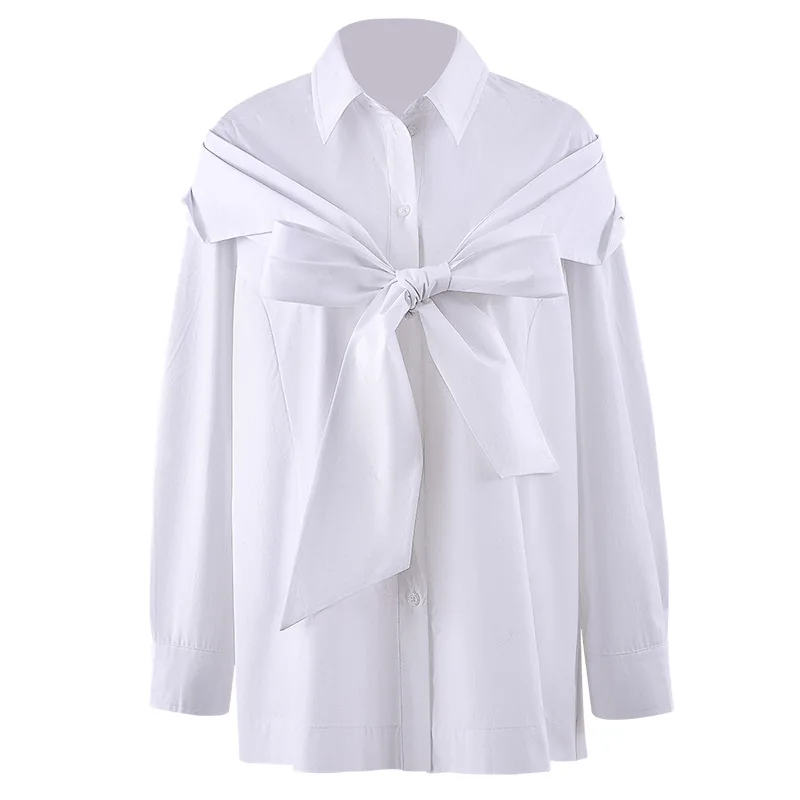 Женская свободная рубашка с отложным воротником, белая однотонная блузка с длинным рукавом, весна-лето 2021
