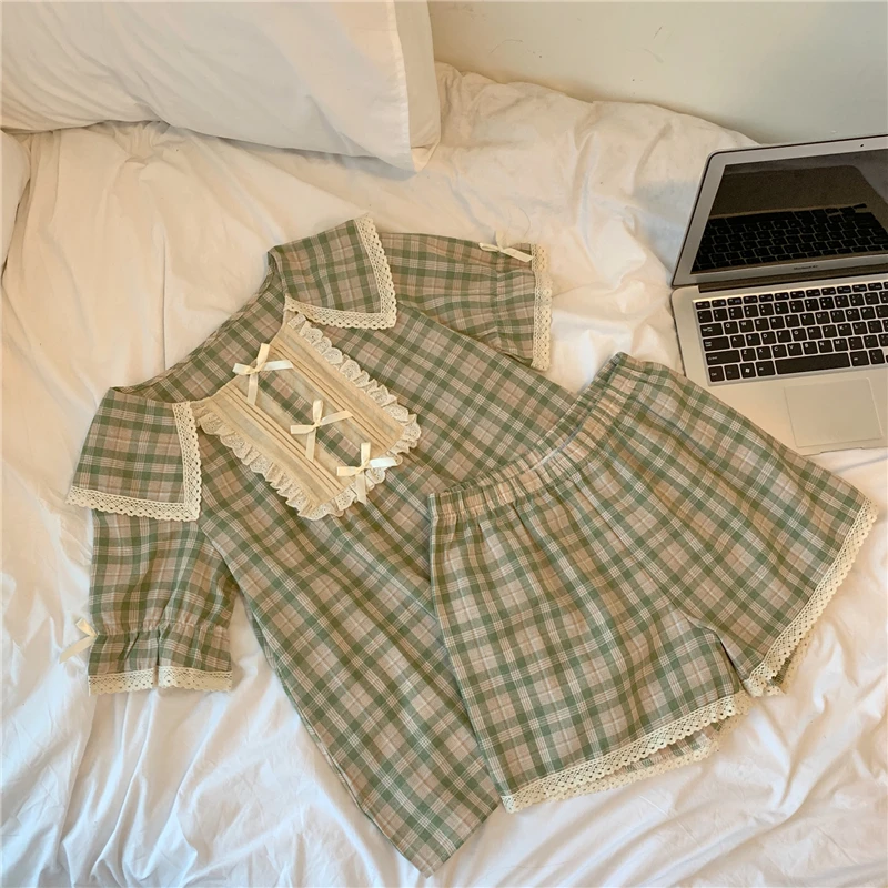 

CBAFU thin plaid pajamas set summer sleepwear women home suit peter pan collar lacework bow tie tops shorts 2 piece set M735